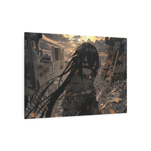 Anime-Inspired Girl standing over a ruined city Metal Art Sign. Perfect gift for the fantasy, gaming, anime enthusiast image 4
