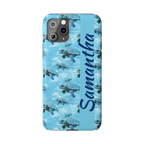 Personalized Cute Baby Sea Turtle iPhone 11 Phone Cases. Custom Name Baby Sea Turtles in a crystal Blue Ocean. Beach Lovers, Turtle Lovers