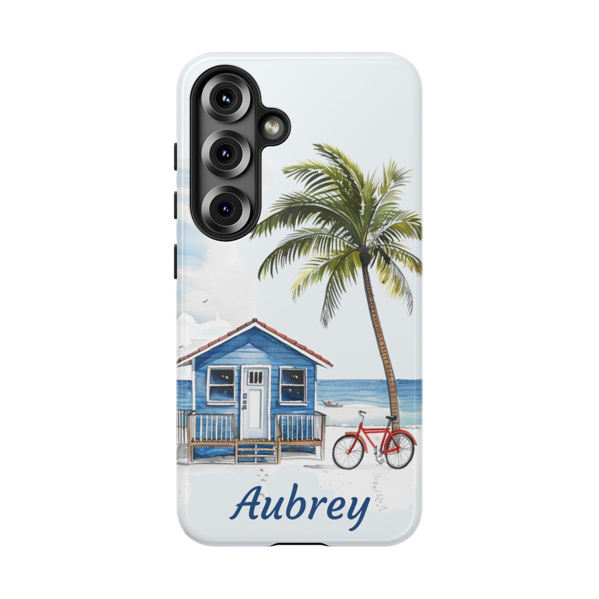Beach House with Red Bike Personalized Samsung Galaxy S25, S24, S23, S22 Phone Cases with Optional Personalization. For your Beach Lover