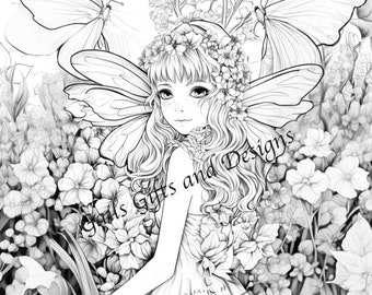 Fairy with Butterflies Coloring Page for Adults Downloadable File Book Six, Amazing Fairy, Fairycore fairy with Flowers and a Ladybug.
