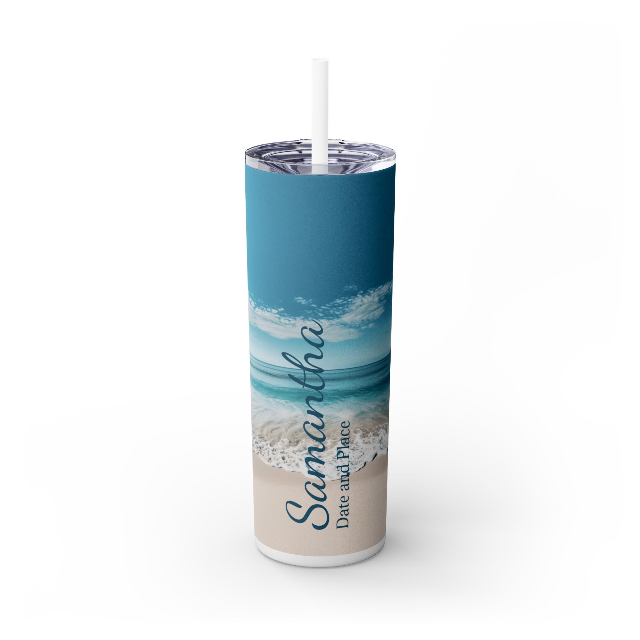 Custom Beach Skinny Tumbler with Straw, 20oz, Personalized Name Tumbler for Bridesmaids, Events, Teachers, or for yourself