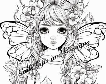 Cute Fairy with Butterflies Coloring Page for Adults Downloadable File Book Two, Amazing Fairy, Fairycore fairy with Flowers and Butterflies