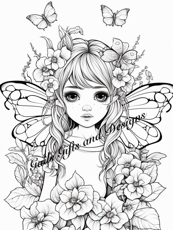 Cute Fairy with Butterflies Coloring Page for Adults Downloadable File Book Two, Amazing Fairy, Fairycore fairy with Flowers and Butterflies