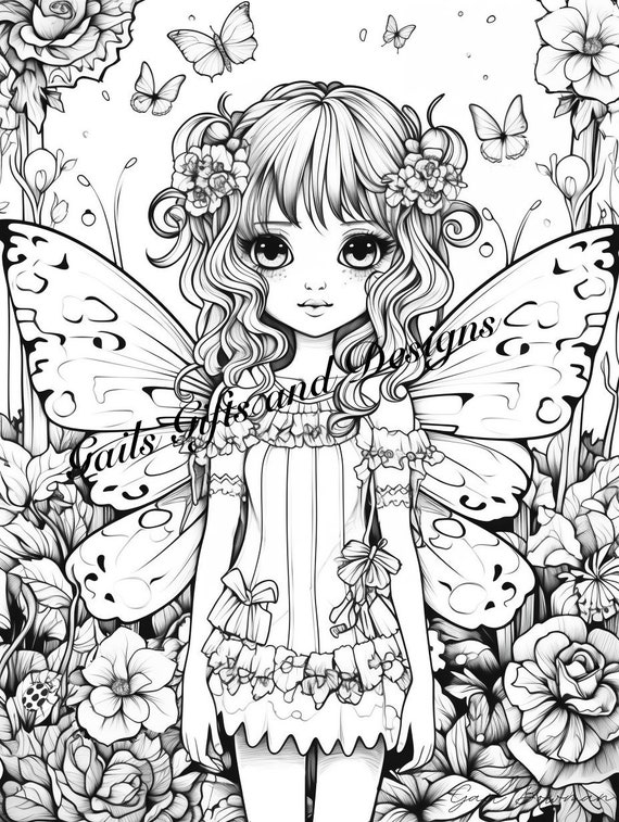 Cute Fairy with Butterflies Coloring Page for Adults Downloadable File Book Three, Amazing Fairycore fairy with Flowers and Butterflies