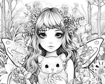 Cute Fairy with a Pet Coloring Page for Adults Downloadable File Book Six, Amazing Fairy, Fairycore fairy with Flowers and a Ladybug.