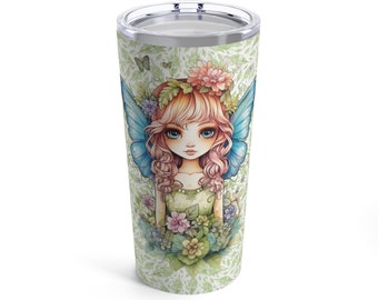 Fairy with Blue Wings Tumbler 20oz, Amazing Pretty Fairycore fairy in beautiful Flowercore colors coffee cup