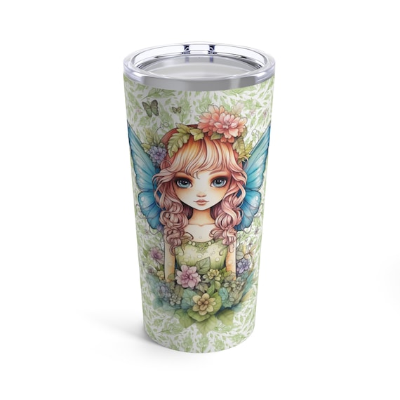 Fairy with Blue Wings Tumbler 20oz, Amazing Pretty Fairycore fairy in beautiful Flowercore colors coffee cup