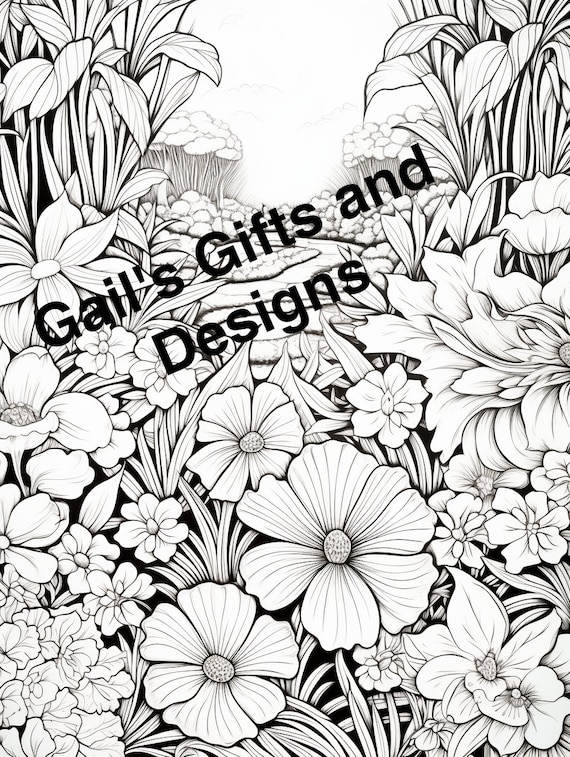 Garden with Flowers Coloring Page for Adults and Children, Instant Download, Boho flowers, garden scene for coloring