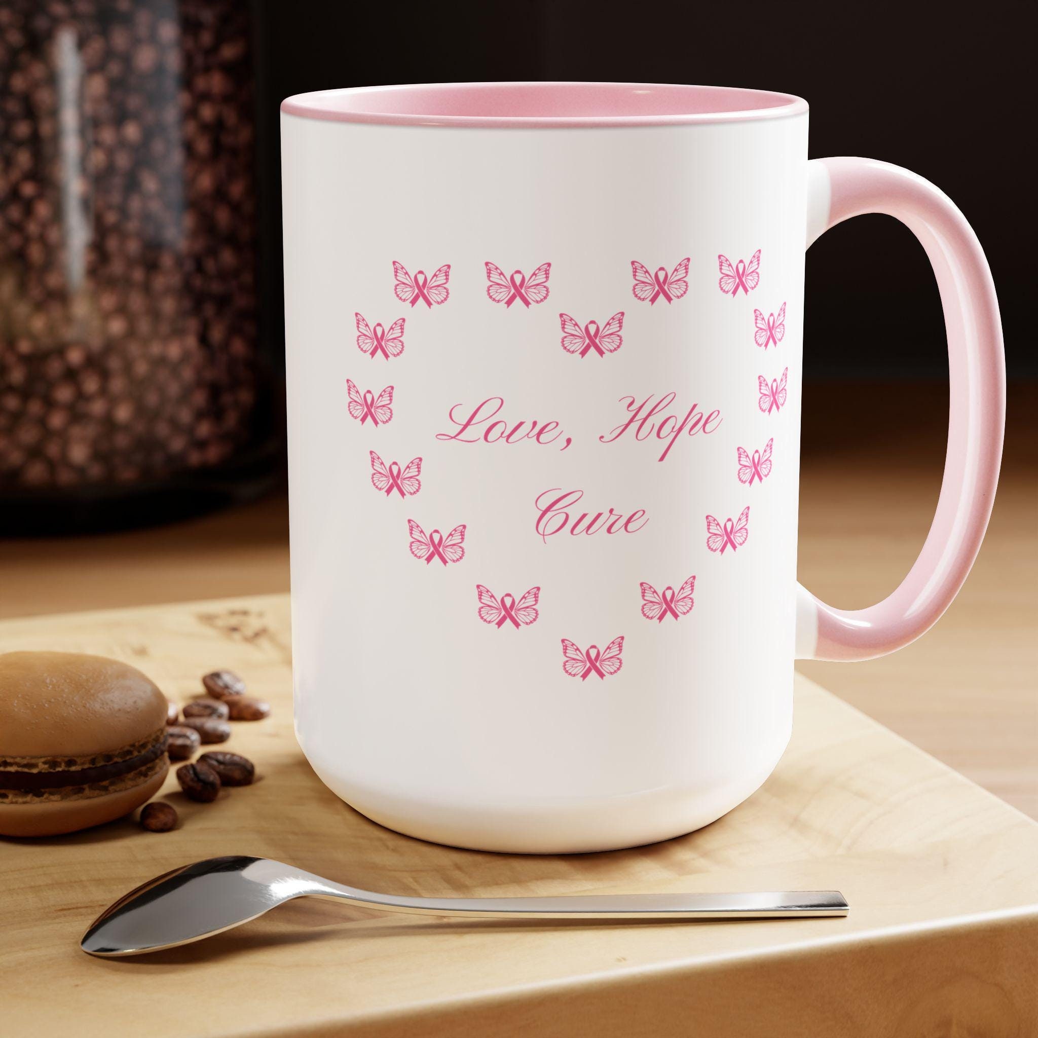 Love Hope Cure Breast Cancer Butterfly Ceramic Coffee Cup 15 oz. Cancer awareness, breast cancer