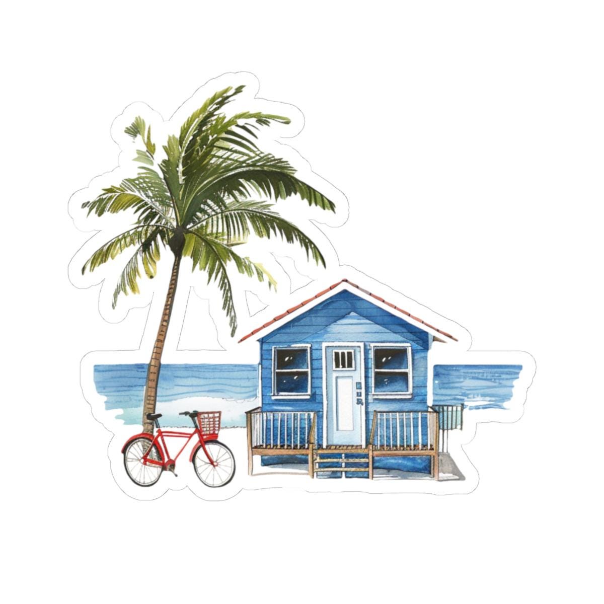 Beach House with Red Bicycle Sticker with Transparent or White Edges. Add this Beach House with Bicycle to your bottle, computer or books!