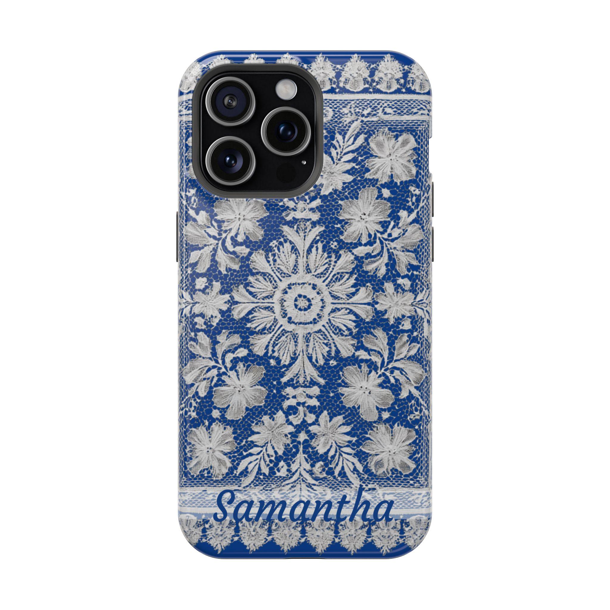 Old Fashioned Lace Magnetic Safe Personalized Tough iPhone 16, iPhone 15, iPhone 14, iPhone 13 case. Custom name is optional. Old Lace