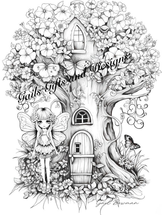 Fairy with Tree House Coloring Page for Adults Downloadable File Book Two, Amazing Fairy, Fairycore fairy with Flowers and Fairy house