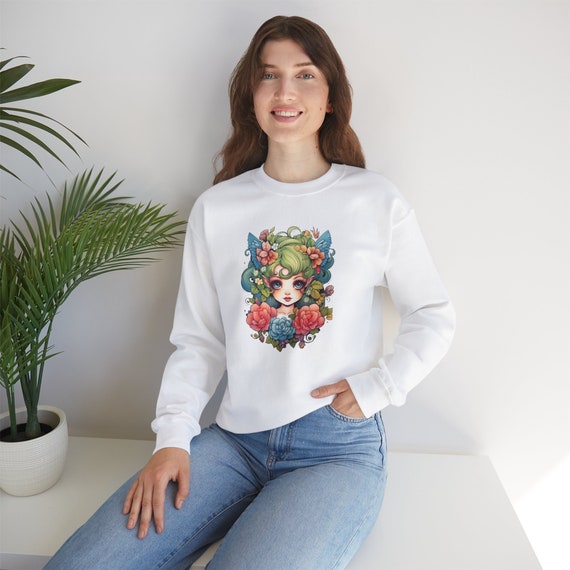 Green Fairy sweatshirt. Amazing Pretty Green haired Fairycore fairy Shirt in beautiful Flowercore colors