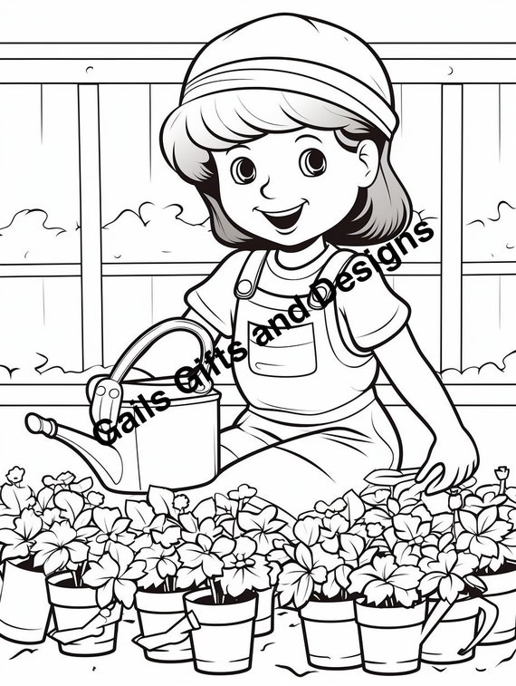 Girl gardening Coloring Page for Instant Download, Cute coloring page of a girl dressed watering flowers in a pot garden