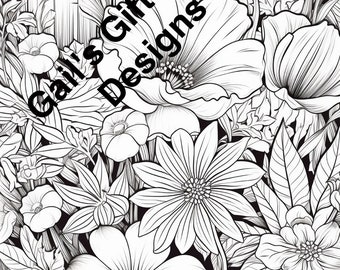 Garden with Flowers Coloring Page for Adults and Children, Instant Download, Boho flowers, garden scene for coloring