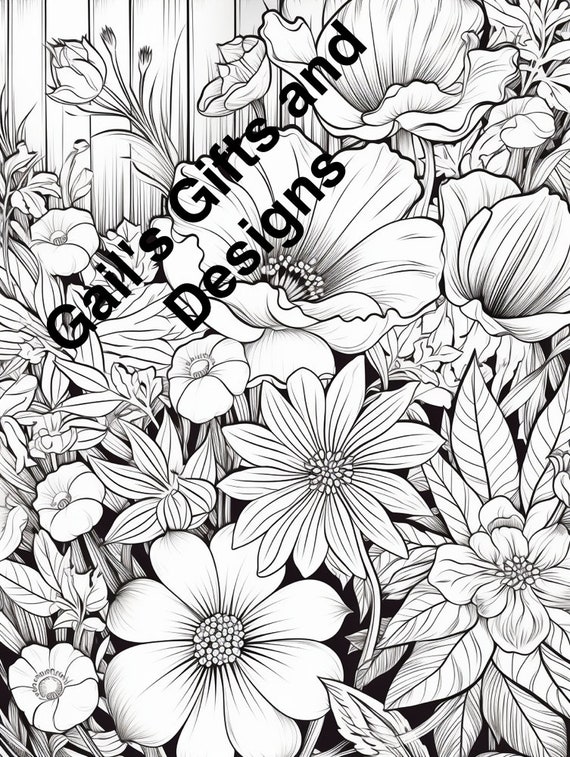 Garden with Flowers Coloring Page for Adults and Children, Instant Download, Boho flowers, garden scene for coloring