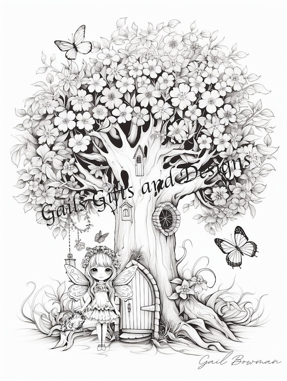 Fairy with Tree House Coloring Page for Adults Downloadable File Book Five, Amazing Fairy, Fairycore fairy with Flowers and Fairy house