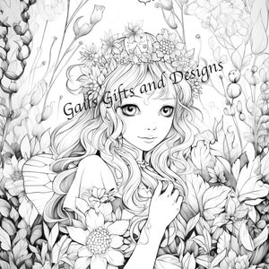 Fairies Book of 5 Coloring Pages for Adults Downloadable File Book Six, Amazing Fairycore fairy with Flowers, Toadstools and a Tree House image 3