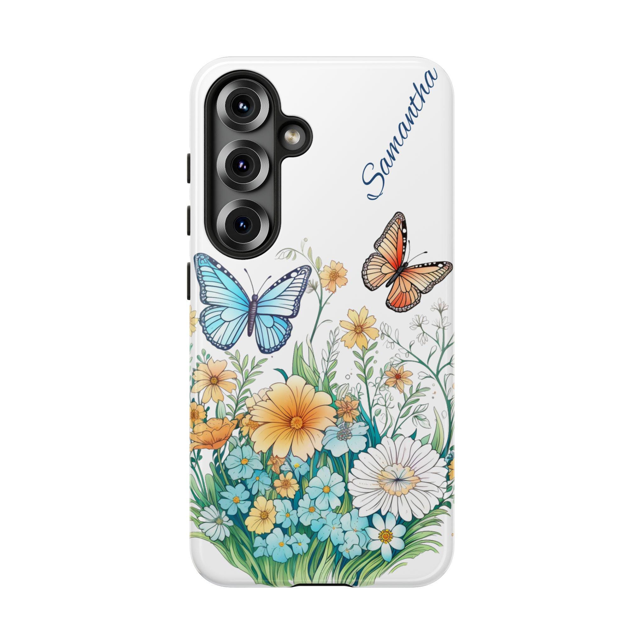 Personalized Wildflowers and Butterflies Samsung Galaxy S25, S24, S23, S22, S21 phone case. Optional Customization for friends - anyone!
