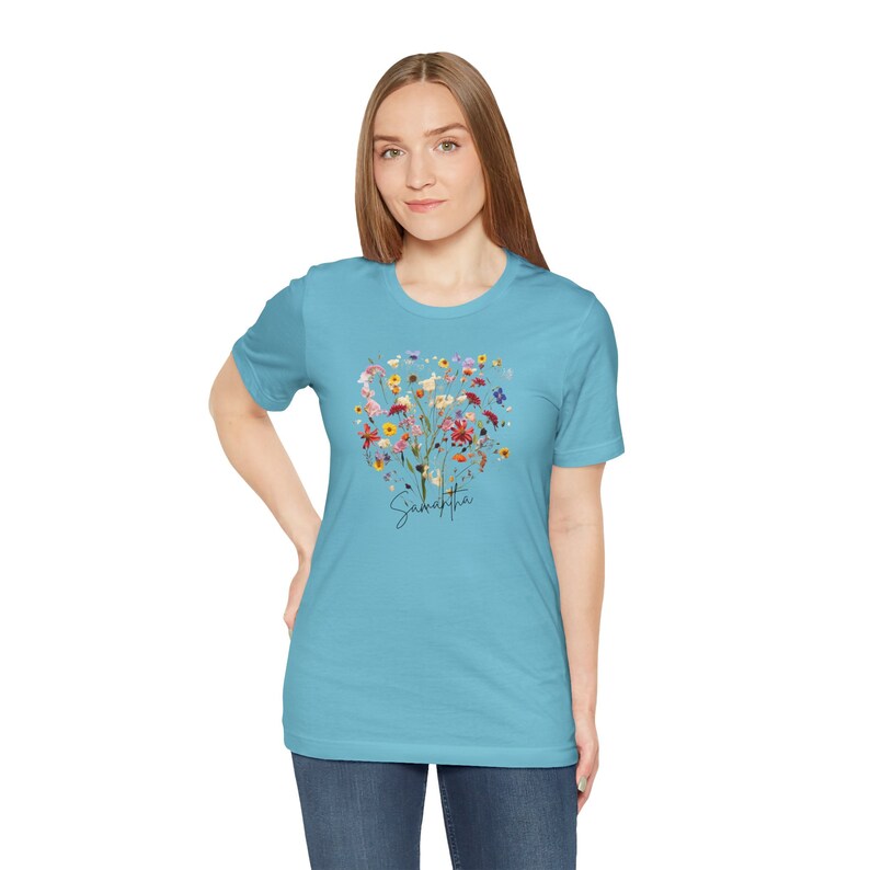Personalized Boho Wildflower T-Shirt with your name in Script, Custom shirt, custom Wildflower shirt, boho wildflowers, floral shirt Turquoise