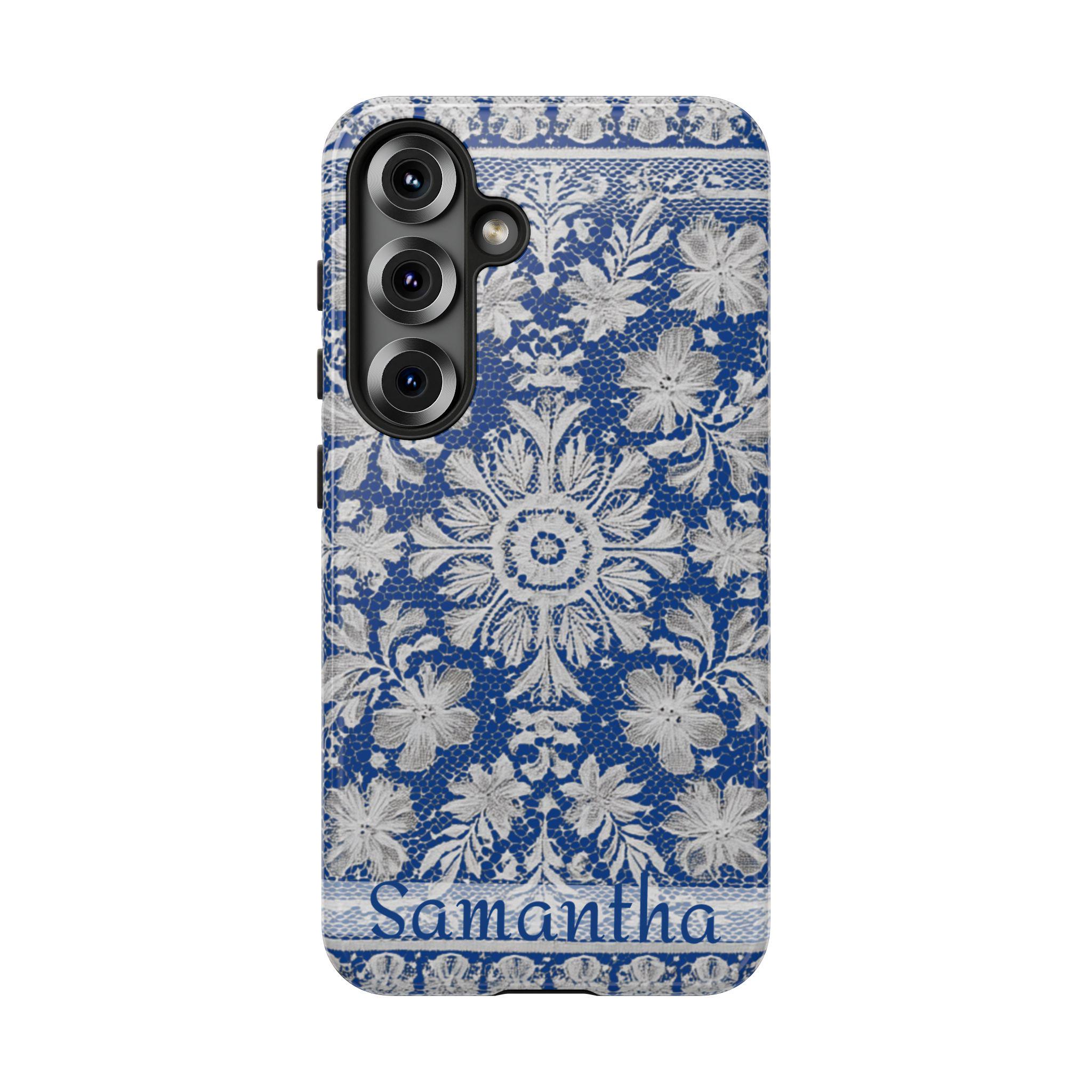 Old Fashioned Lace Personalized Samsung Galaxy S25, S24, S23, S22, S21 phone case. Custom name is optional. Old Lace wraps the phone case!