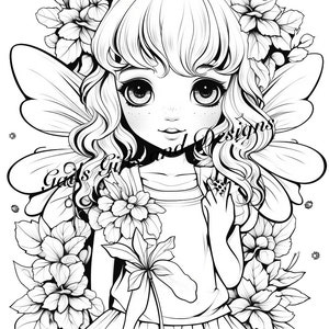 Cute Fairy with Flowers Coloring Page for Adults Downloadable File Book One, Amazing Fairy, Fairycore fairy with Flowers image 2