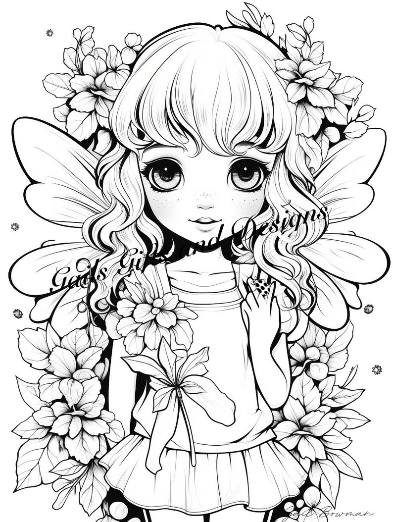 Cute Fairy with Flowers Coloring Page for Adults Downloadable File Book One, Amazing Fairy, Fairycore fairy with Flowers image 2