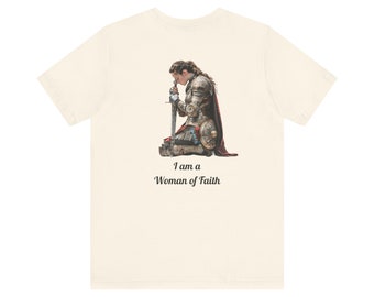 Vrouw van geloof Warrior T-shirt afbeelding op de rug, gebed krijger, pantser van God, krijger van geloof, christelijke vrouw, script op de zak