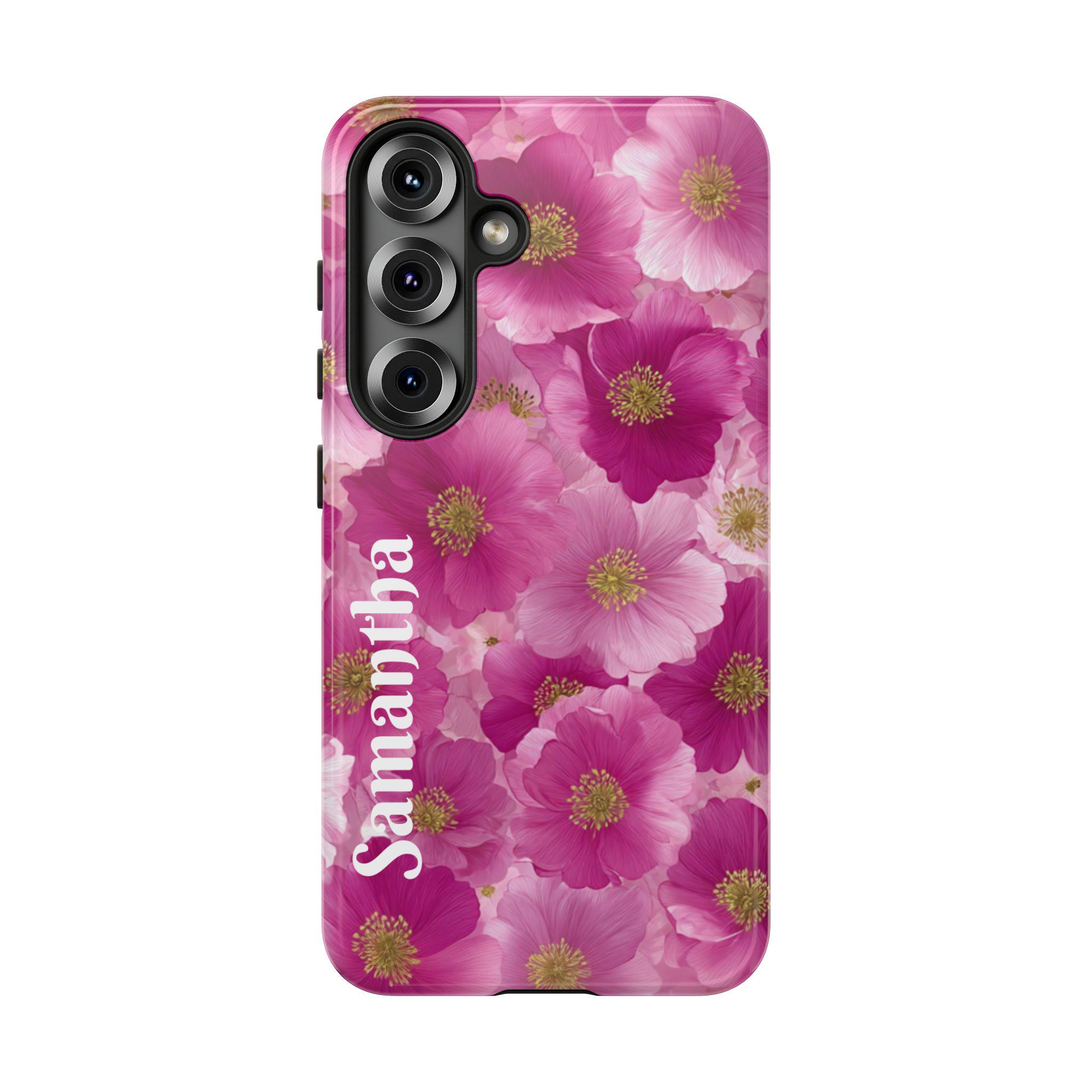 Pink Flowers Personalized Samsung Galaxy S25, S24, S23, S22, S21 phone case. Custom Samsung Pink and Lavender Floral case