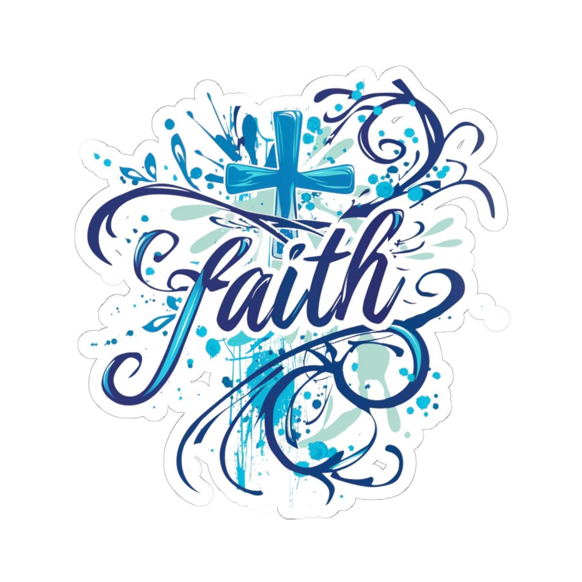 Faith in Blue Sticker with Transparent or White Edges. Add beautiful Faith and a Cross in Blue to your bottle, computer or books!