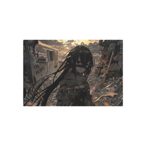 Anime-Inspired Girl standing over a ruined city Metal Art Sign. Perfect gift for the fantasy, gaming, anime enthusiast image 2