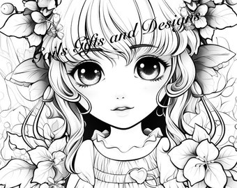 Cute Fairy with Oak Leaves Coloring Page for Adults Downloadable File Book Two, Amazing Fairy, Fairycore fairy with Flowers and Butterflies