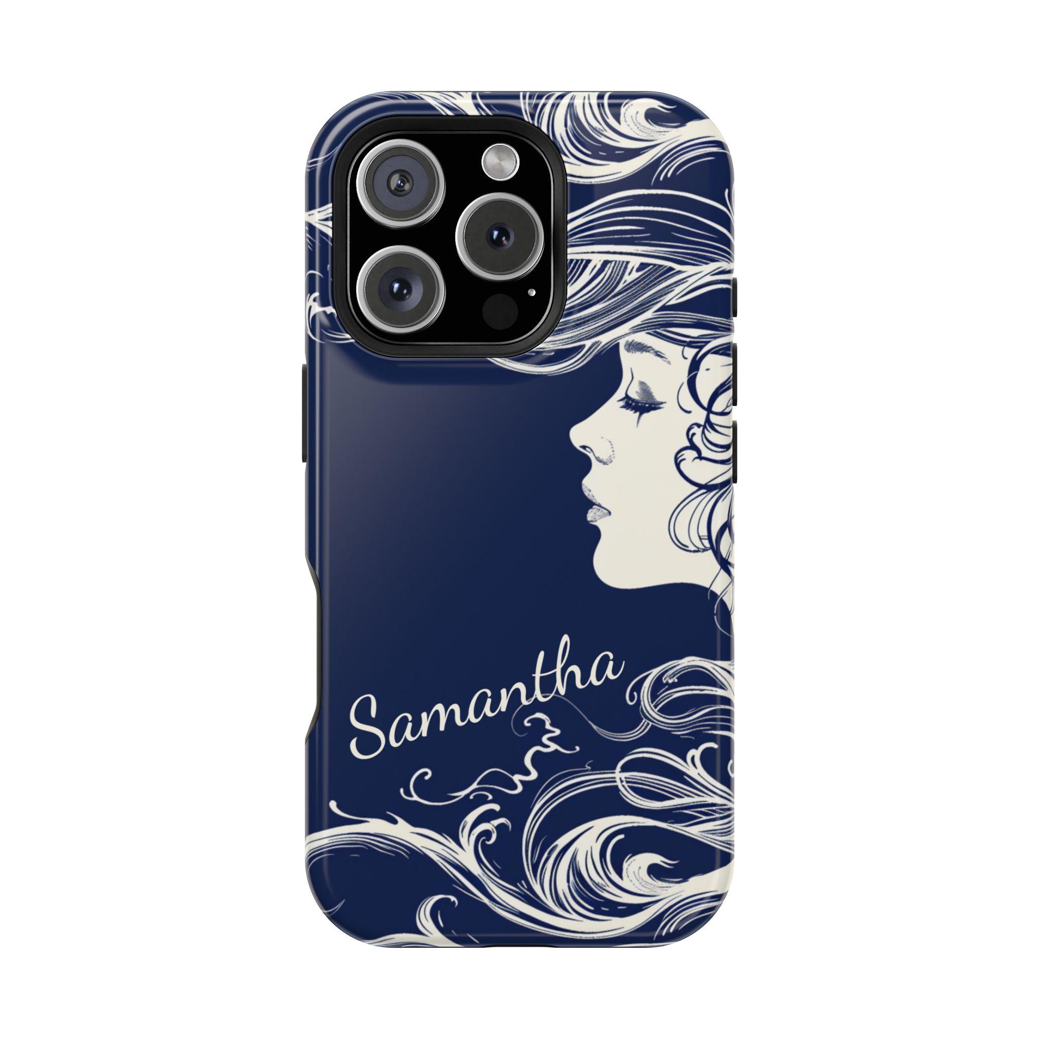 Personalized Siren with Ocean Hair Magnetic Safe on iPhone 16,  iPhone 15, iPhone 14 and iPhone 13 Phone Cases. Woman with long hair.