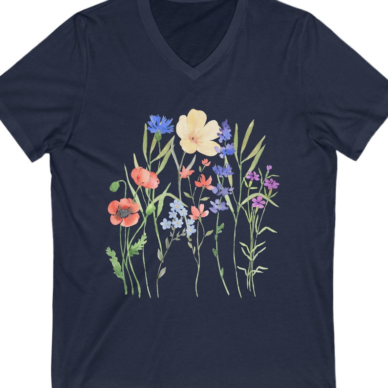 Boho Wildflowers Shirt V-Neck. Nature Shirt, Botanical Shirt, Garden Lover, wildflower, wildflowers, cottagecore Navy