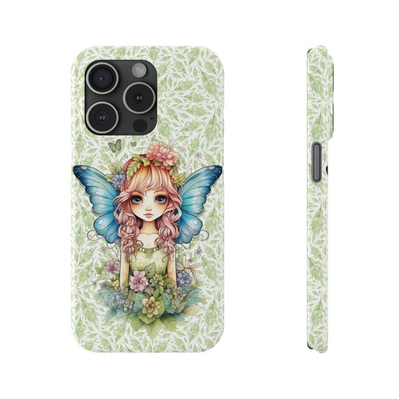 Fairy with Blue Wings iPhone 15 Phone Cases, Pretty Fairycore fairy in beautiful Flowercore colors