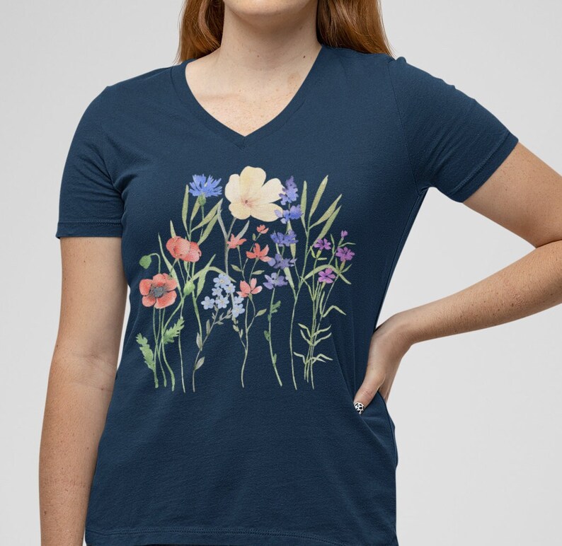 Boho Wildflowers Shirt V-Neck. Nature Shirt, Botanical Shirt, Garden Lover, wildflower, wildflowers, cottagecore image 3