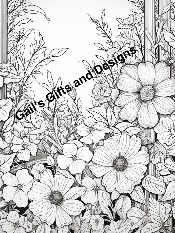 Garden with Flowers Coloring Page for Instant Download, Adults and Children Boho flowers, garden scene for coloring