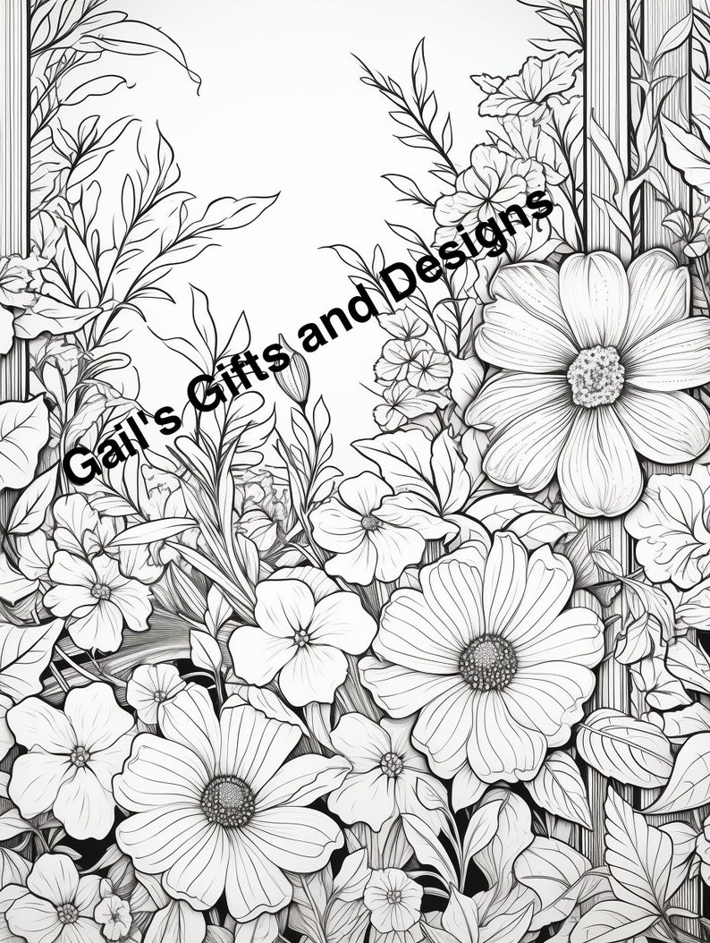 Garden with Flowers Coloring Page for Instant Download, Adults and Children Boho flowers, garden scene for coloring image 1