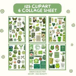 Green Collage Kit – 125 Cliparts + 6 Digital Collage Sheets | Cute Green Aesthetic for Junk Journal, Scrapbooking & DIY – High Quality