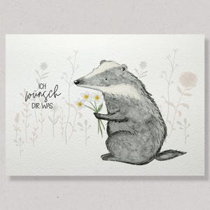 Postkarte Dachs mit Blumen | A6 Grußkarte Tiermotiv | Geschenkidee Handmade Illustration Vintage-Stil