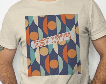 50th Birthday unisex T-shirt with 'est 1974' slogan - orange/green/beige retro unisex design is the ideal 50th birthday surprise