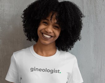 Gin Lover's White T-shirt with minimalist 'gineologist' slogan on the front - vegan design and unisex fit