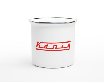 Legendary 1970s KÖNIG 500 GP Motorcycle 12oz Enamel Mug - white with silver coloured rim and red text