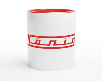 Tasse en céramique légendaire de 11 oz pour moto KÖNIG 500 GP des années 1970 - céramique blanche avec une poignée rouge et à l'intérieur