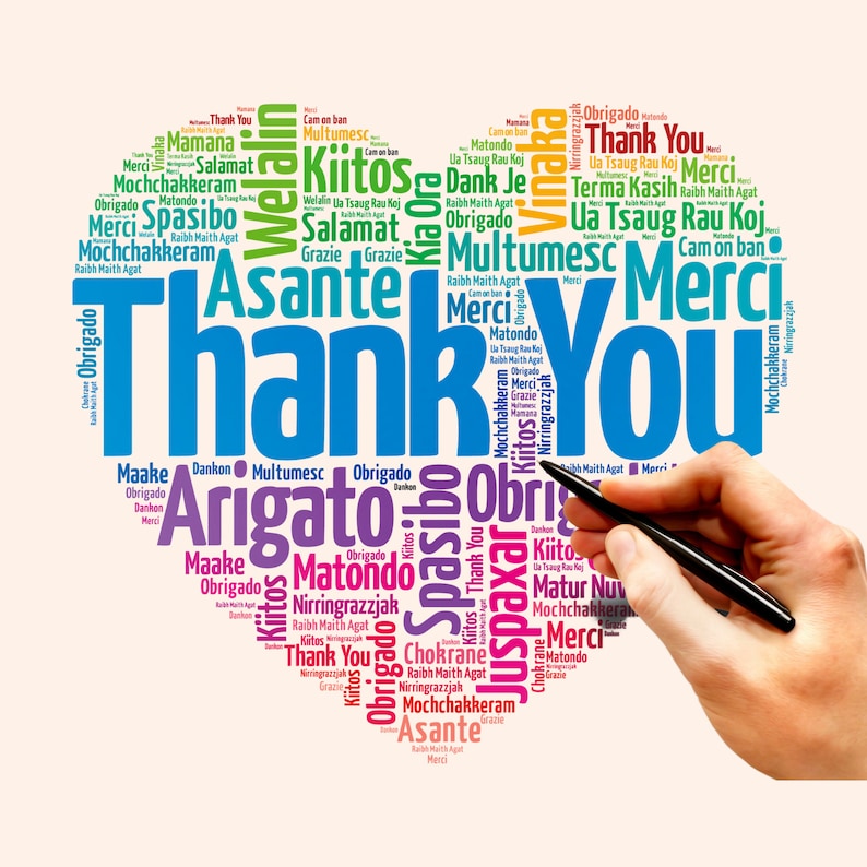 Puede incluir: Una nube de palabras colorida con las palabras "Thank You" en letras azules grandes rodeadas de palabras para "gracias" en diferentes idiomas, incluyendo "Merci", "Obrigado", "Grazie", "Spasibo", "Kiitos", "Asante", "Matondo", "Arigato", "Danke", "Cam on ban", "Chokrane", "Maake", "Multumesc", "Nirringrazzjak", "Terma Kasih", "Ua Tsaug Rau Koj", "Justpaxar", "Welalin", "Salamant", "Mochchakkeram" y "Raibh Maith Agat".