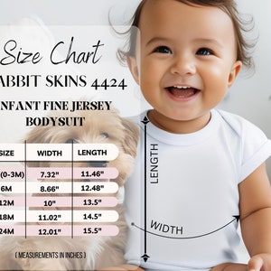 May include: Size chart for infant fine jersey bodysuit from Rabbit Skins, showing measurements in inches for sizes NB (0-3M), 6M, 12M, 18M, and 24M.