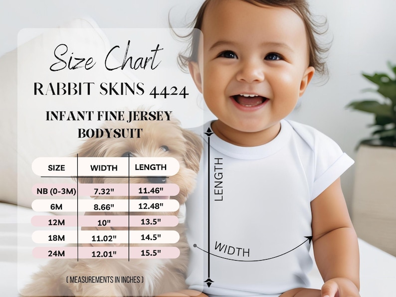 May include: Size chart for infant fine jersey bodysuit from Rabbit Skins, showing measurements in inches for sizes NB (0-3M), 6M, 12M, 18M, and 24M.