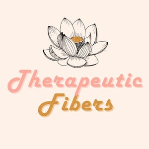 May include: A logo for a business called "Therapeutic Fibers" featuring a black and white illustration of a lotus flower with a yellow center. The text is in pink and orange.