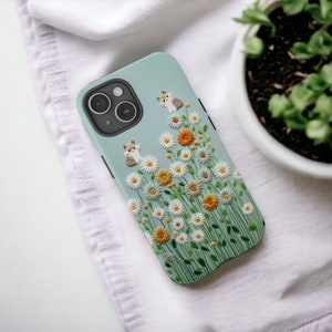 Embroidered Look Daisies and Cats Phone Case, Floral Phone Case, Flower and Cats Phone Case, 3D Phone Case, Cottagecore Phone Charm Cover