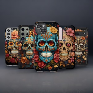 Étui de téléphone Sugar Skull, étui de téléphone double couche pour IPhone, Samsung Galaxy et Google Pixel, design artistique squelette vintage, Dia De Los Muertos